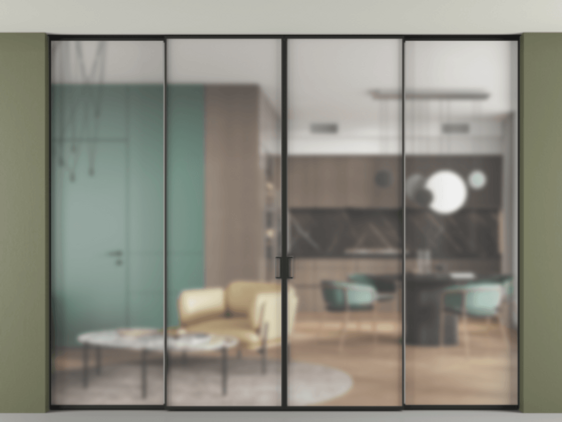 Перегородка Формато внутри проёма скрытое крепление в потолок 4 створки АЛПР 040.01 Алюминий Черный Сатинированное стекло "Мателюкс Кристал Вижн", калёное, матовое, каленое 6 мм Цена 516420 ₽ | Volhovec