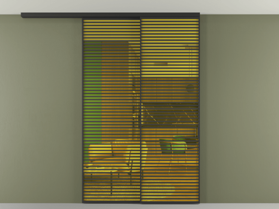 Перегородка Формато вдоль стены на потолок 2 створки с синхронным механизмом АЛПР 040.07 Алюминий Черный Прозрачное жёлтое стекло, триплекс Цена 410720 ₽ | Volhovec