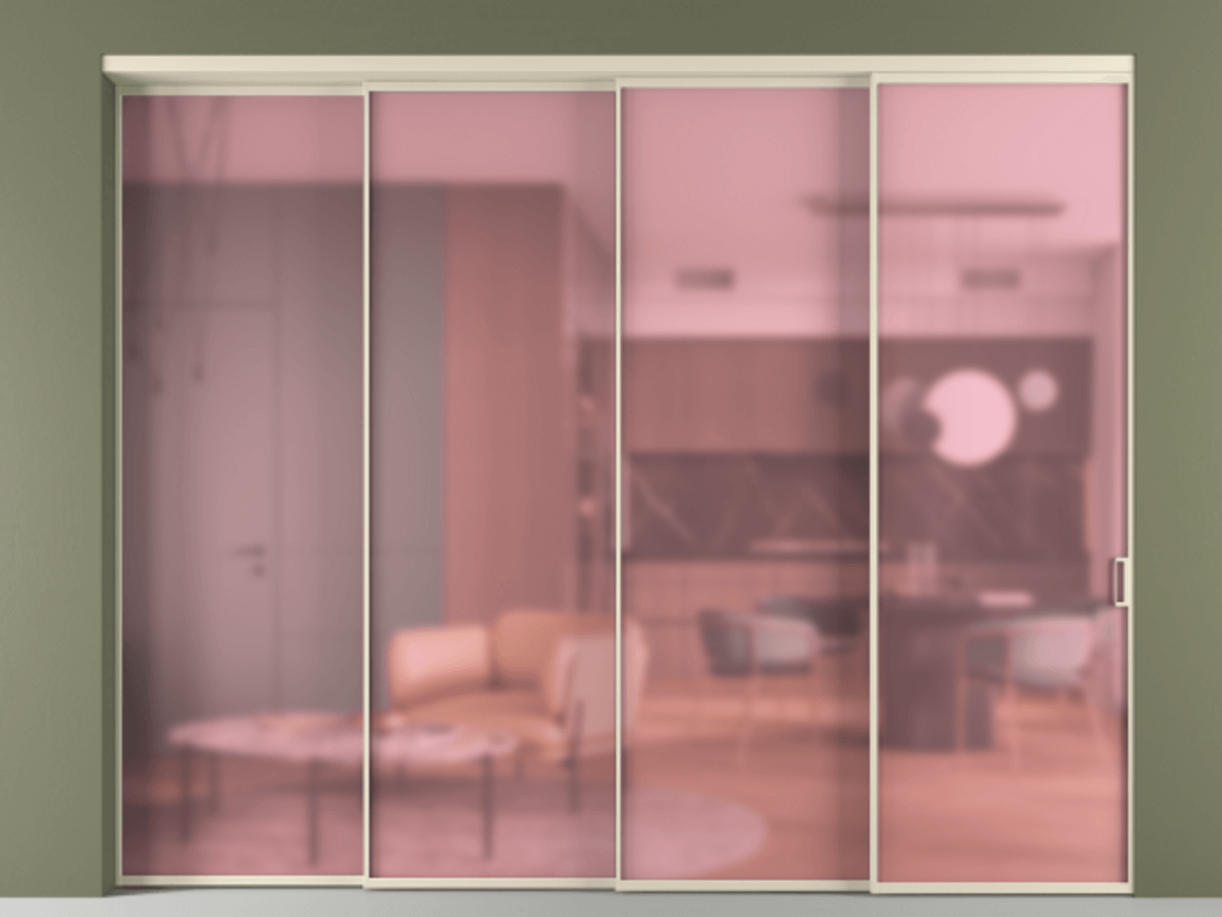 Перегородка Формато внутри проёма 4 створки с синхронным механизмом АЛПР 040.01 Алюминий бежево-серый Сатинированное розовое стекло, триплекс Цена 432500 ₽ | Volhovec