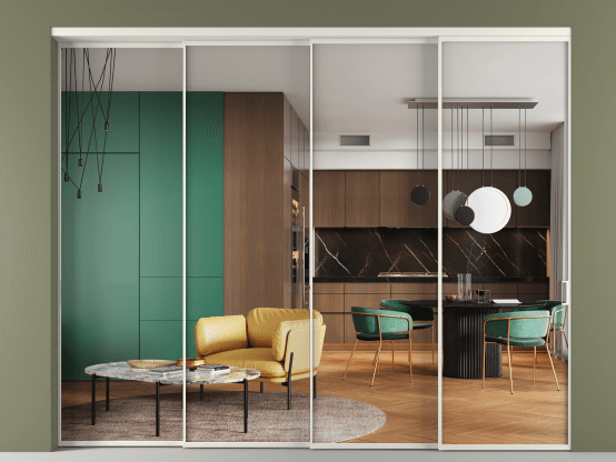 Алюминевая перегородка vn4_01 Crystalvision БЕЛ. Цвет Алюминий Белый. Материал Алюминий. Коллекция Перегородка Формато внутри проёма 4 створки с синхронным механизмом. Картинка.