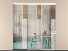 Алюминевая перегородка vnt3_8 Алюминий пудровый белый Четыре стекла. Цвет Алюминий пудровый белый. Материал Алюминий в эмали. Коллекция Перегородка Mosaic внутри проёма 3 створки с синхронным механизмом. Картинка.