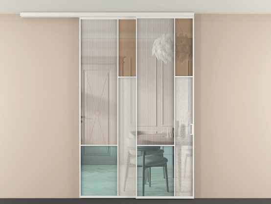 Алюминевая перегородка vdt2_8 Алюминий светло-серый Четыре стекла. Цвет Алюминий светло-серый. Материал Алюминий в эмали. Коллекция Перегородка Mosaic вдоль стены на потолок 2 створки с синхронным механизмом. Картинка.