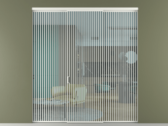 Алюминевая перегородка vn1+2_06_ Алюминий светло-серый Прозрачное голубое стекло, триплекс, 6мм. Цвет Алюминий светло-серый. Материал Алюминий в эмали. Коллекция Перегородка Formato внутри проёма 3 створки. Картинка.