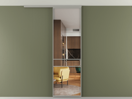 Алюминевая перегородка АЛПР 040.02_АНСР_Crystalvision_new. Цвет Алюминий нейтральный серый. Материал Алюминий в эмали. Коллекция Перегородка Формато вдоль стены на потолок 1 створка. Картинка.