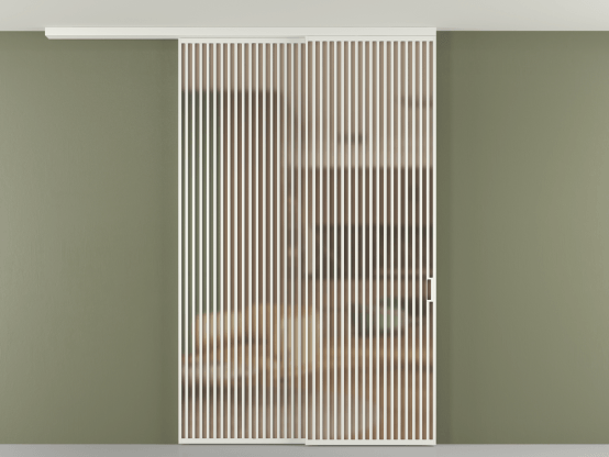 Алюминевая перегородка pv2_2_06_ Алюминий светло-серый Сатинированное оранжевое стекло, триплекс, 6мм. Цвет Алюминий светло-серый. Материал Алюминий в эмали. Коллекция Перегородка Formato вдоль стены на потолок 2 створки с синхронным механизмом. Картинка.