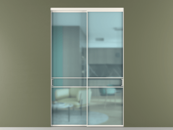 Алюминевая перегородка vn2_02_ Алюминий пудровый белый Сатинированное голубое стекло, триплекс, 6мм. Цвет Алюминий пудровый белый. Материал Алюминий в эмали. Коллекция Перегородка Формато внутри проёма 2 створки. Картинка.