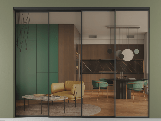 Алюминевая перегородка vn4_01 Бронза триплекс ЧЕР. Цвет Алюминий Черный. Материал Алюминий. Коллекция Перегородка Формато внутри проёма 4 створки с синхронным механизмом. Картинка.