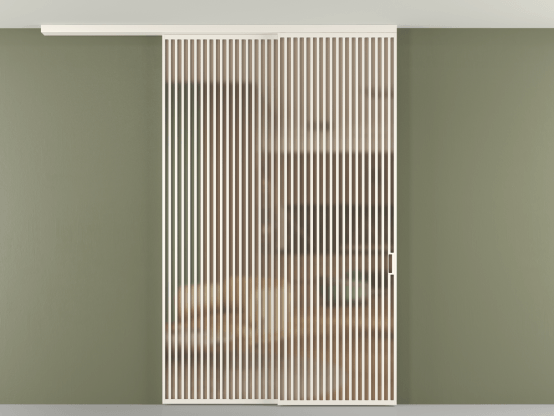 Алюминевая перегородка pv2_2_06_ Алюминий пудровый белый Сатинированное оранжевое стекло, триплекс, 6мм. Цвет Алюминий пудровый белый. Материал Алюминий в эмали. Коллекция Перегородка Formato вдоль стены на потолок 2 створки с синхронным механизмом. Картинка.