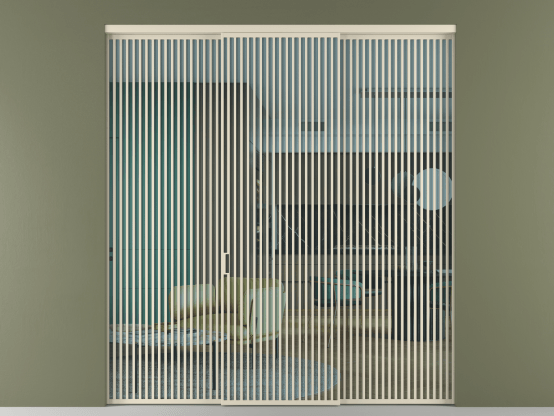 Алюминевая перегородка vn1+2_06_ Алюминий бежево-серый Прозрачное голубое стекло, триплекс, 6мм. Цвет Алюминий бежево-серый. Материал Алюминий в эмали. Коллекция Перегородка Formato внутри проёма 3 створки. Картинка.